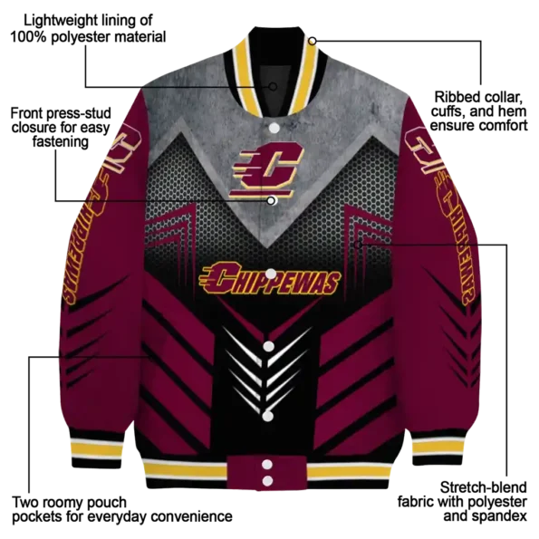 central michigan chippewas arrow layer maroon black varsity jacket new arrival.webp