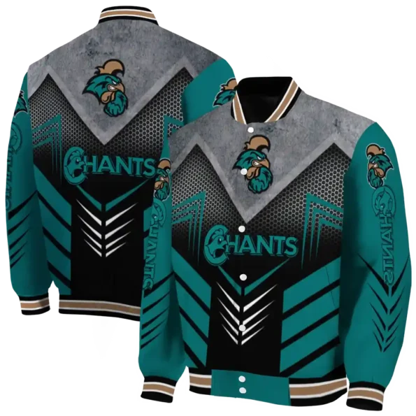 coastal carolina chanticleers arrow layer green black varsity jacket fashion forward.webp