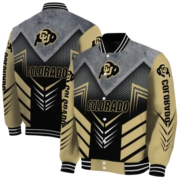 colorado buffaloes arrow layer gold black varsity jacket fashion forward.webp