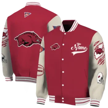 custom arkansas razorbacks wildcat pawprint red nude varsity jacket fashion forward.webp