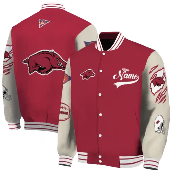 custom arkansas razorbacks wildcat pawprint red nude varsity jacket fashion forward.webp