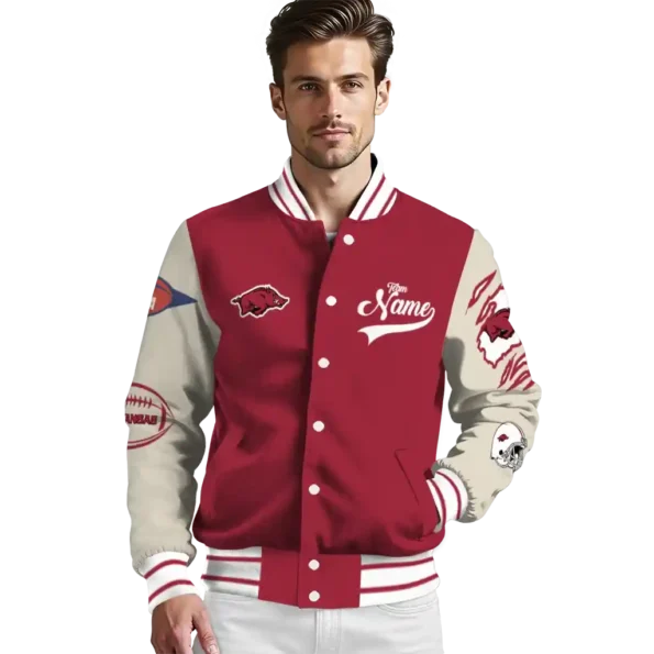 custom arkansas razorbacks wildcat pawprint red nude varsity jacket high quality.webp