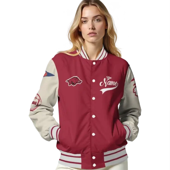 custom arkansas razorbacks wildcat pawprint red nude varsity jacket latest model.webp