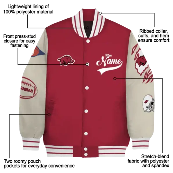 custom arkansas razorbacks wildcat pawprint red nude varsity jacket new arrival.webp