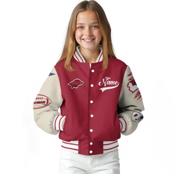 custom arkansas razorbacks wildcat pawprint red nude varsity jacket top rated.webp