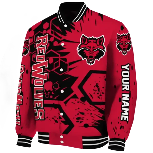 custom arkansas state red wolves hexagon cluster scarlet black varsity jacket best selling