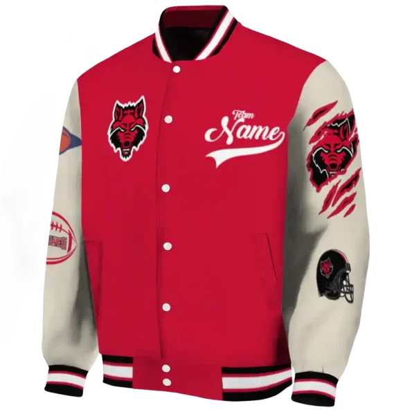 custom arkansas state red wolves wildcat pawprint scarlet nude varsity jacket best selling.webp