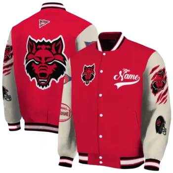 custom arkansas state red wolves wildcat pawprint scarlet nude varsity jacket fashion forward.webp
