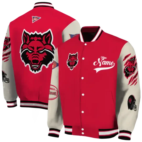 custom arkansas state red wolves wildcat pawprint scarlet nude varsity jacket fashion forward.webp