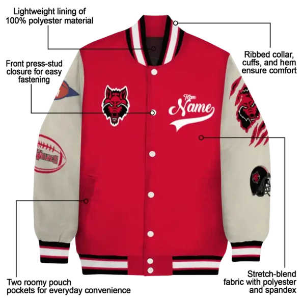 custom arkansas state red wolves wildcat pawprint scarlet nude varsity jacket new arrival.webp