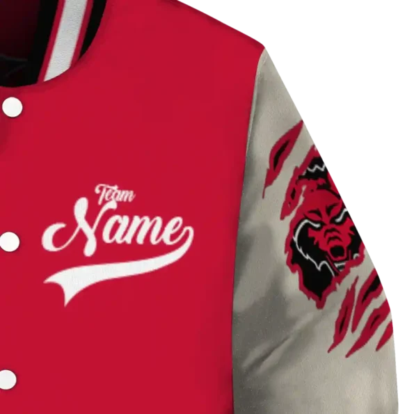 custom arkansas state red wolves wildcat pawprint scarlet nude varsity jacket premium grade.webp