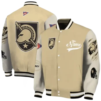 custom army black knights wildcat pawprint gold nude varsity jacket fashion forward.webp