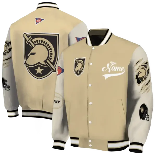 custom army black knights wildcat pawprint gold nude varsity jacket fashion forward.webp