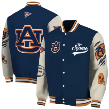 custom auburn tigers wildcat pawprint navy blue nude varsity jacket fashion forward.webp