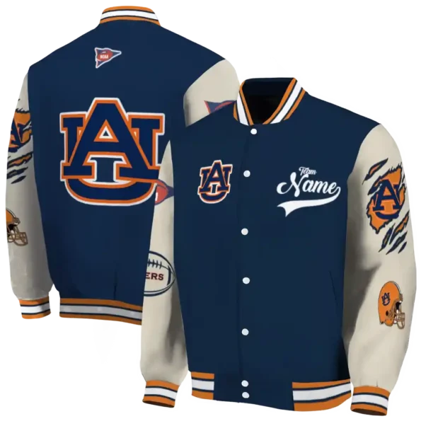 custom auburn tigers wildcat pawprint navy blue nude varsity jacket fashion forward.webp