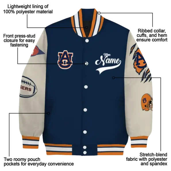 custom auburn tigers wildcat pawprint navy blue nude varsity jacket new arrival.webp