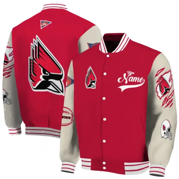 custom ball state cardinals wildcat pawprint red nude varsity jacket fashion forward.webp