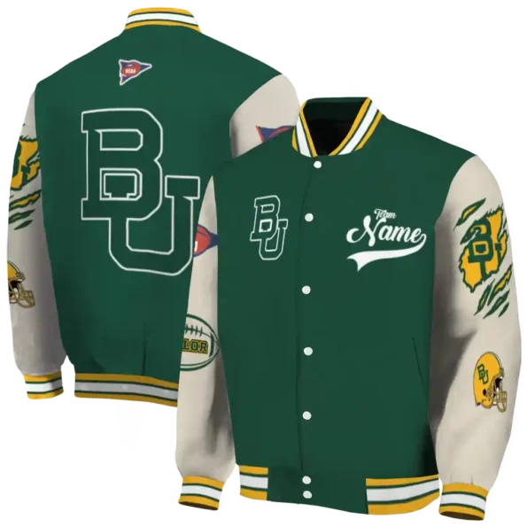 custom baylor bears wildcat pawprint green nude varsity jacket fashion forward.webp