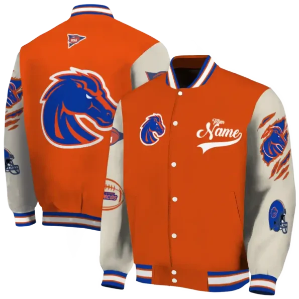 custom boise state broncos wildcat pawprint orange nude varsity jacket fashion forward.webp