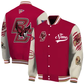 custom boston college eagles wildcat pawprint maroon nude varsity jacket fashion forward.webp