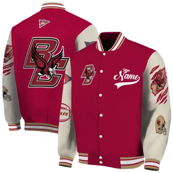 custom boston college eagles wildcat pawprint maroon nude varsity jacket fashion forward.webp