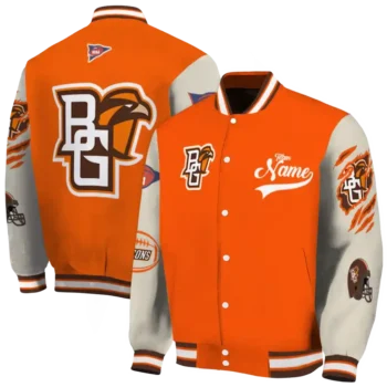 custom bowling green falcons wildcat pawprint orange nude varsity jacket fashion forward.webp