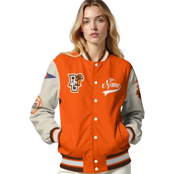 custom bowling green falcons wildcat pawprint orange nude varsity jacket latest model.webp