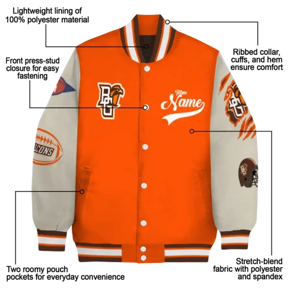 custom bowling green falcons wildcat pawprint orange nude varsity jacket new arrival.webp