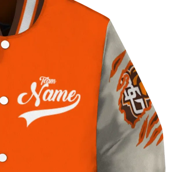 custom bowling green falcons wildcat pawprint orange nude varsity jacket premium grade.webp
