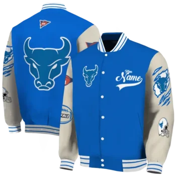 custom buffalo bulls wildcat pawprint royal blue nude varsity jacket fashion forward.webp