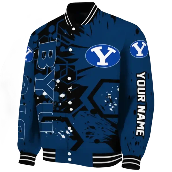 custom byu cougars hexagon cluster blue black varsity jacket best selling