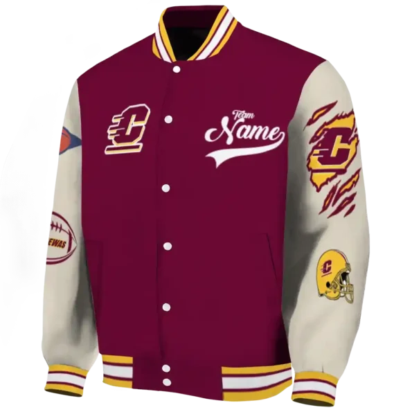 custom central michigan chippewas wildcat pawprint maroon nude varsity jacket best selling.webp