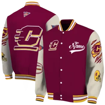 custom central michigan chippewas wildcat pawprint maroon nude varsity jacket fashion forward.webp