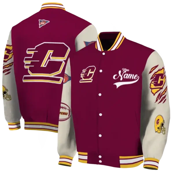 custom central michigan chippewas wildcat pawprint maroon nude varsity jacket fashion forward.webp