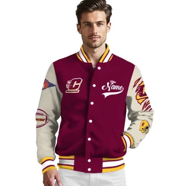 custom central michigan chippewas wildcat pawprint maroon nude varsity jacket high quality.webp