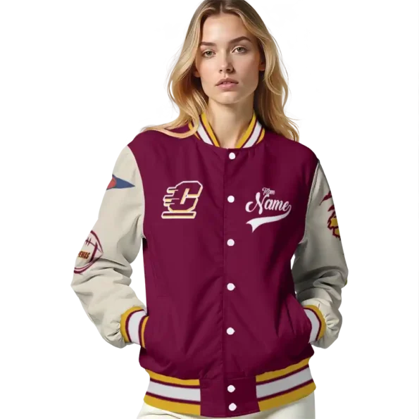 custom central michigan chippewas wildcat pawprint maroon nude varsity jacket latest model.webp