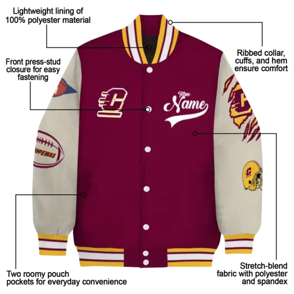 custom central michigan chippewas wildcat pawprint maroon nude varsity jacket new arrival.webp