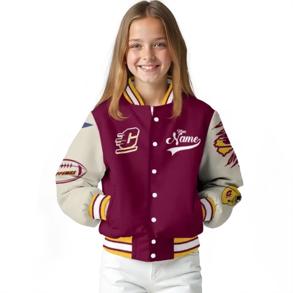 custom central michigan chippewas wildcat pawprint maroon nude varsity jacket top rated.webp