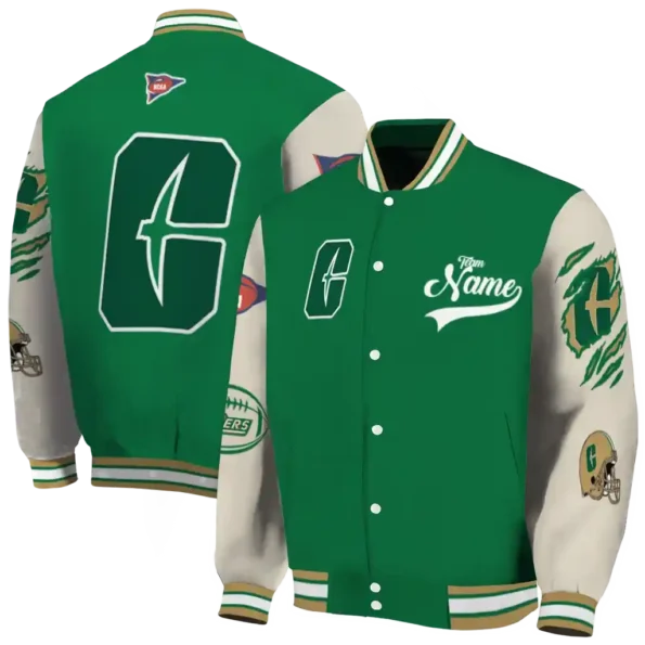 custom charlotte 49ers wildcat pawprint green nude varsity jacket fashion forward.webp