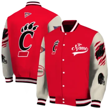 custom cincinnati bearcats wildcat pawprint red nude varsity jacket fashion forward.webp