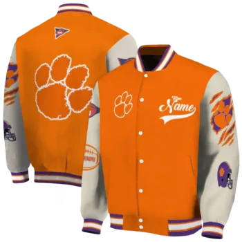 custom clemson tigers wildcat pawprint orange nude varsity jacket fashion forward.webp