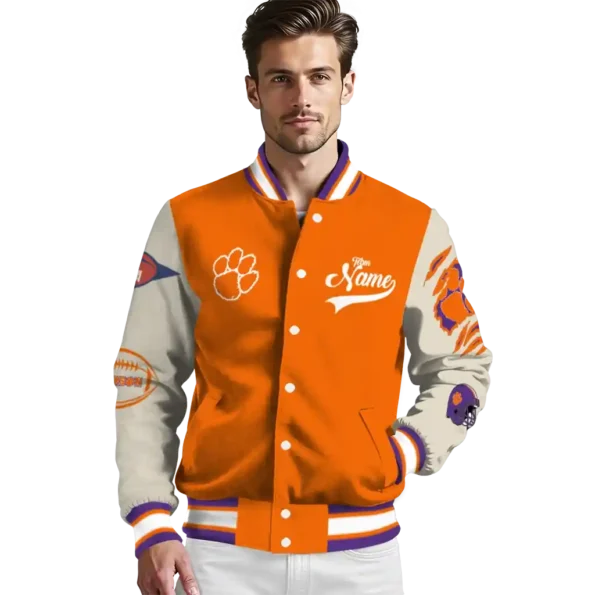 custom clemson tigers wildcat pawprint orange nude varsity jacket high quality.webp