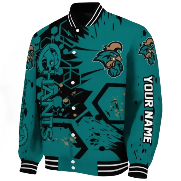 custom coastal carolina chanticleers hexagon cluster green black varsity jacket best selling