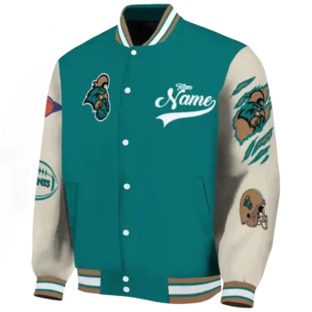 custom coastal carolina chanticleers wildcat pawprint green nude varsity jacket best selling.webp