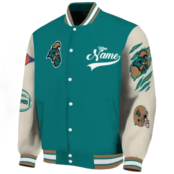 custom coastal carolina chanticleers wildcat pawprint green nude varsity jacket best selling.webp