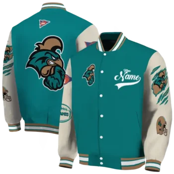 custom coastal carolina chanticleers wildcat pawprint green nude varsity jacket fashion forward.webp