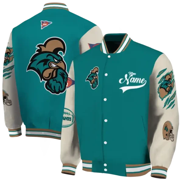 custom coastal carolina chanticleers wildcat pawprint green nude varsity jacket fashion forward.webp