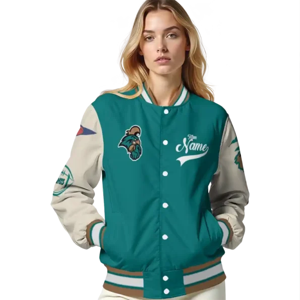 custom coastal carolina chanticleers wildcat pawprint green nude varsity jacket latest model.webp