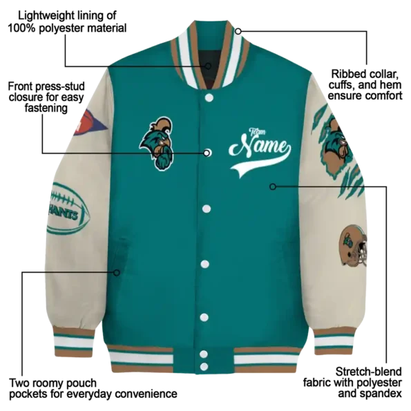 custom coastal carolina chanticleers wildcat pawprint green nude varsity jacket new arrival.webp