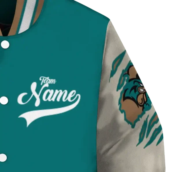 custom coastal carolina chanticleers wildcat pawprint green nude varsity jacket premium grade.webp